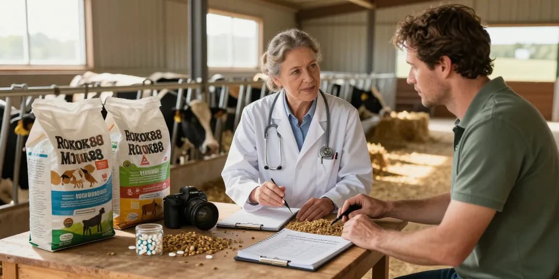 ROKOK88 expert discussing animal nutrition with a farmer in a sunny barn.