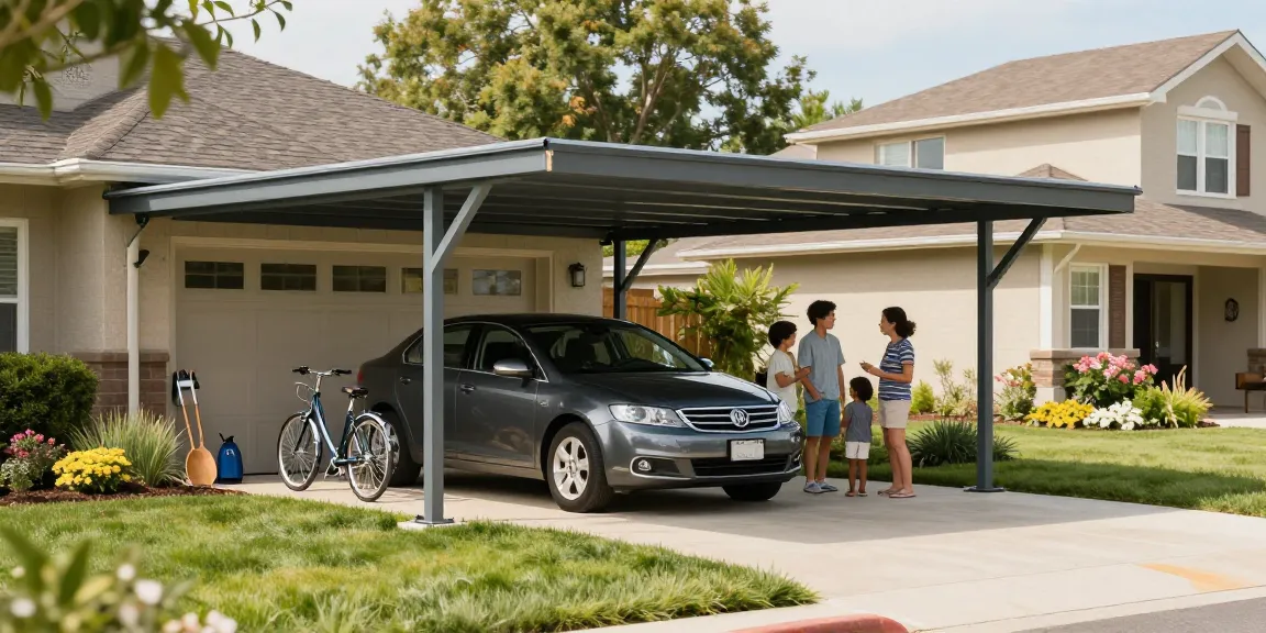 Carport in einer modernen Wohngegend mit einem geparkten Auto, zeigt eine einladende Atmosphäre und Gartenwerkzeuge im Vordergrund.