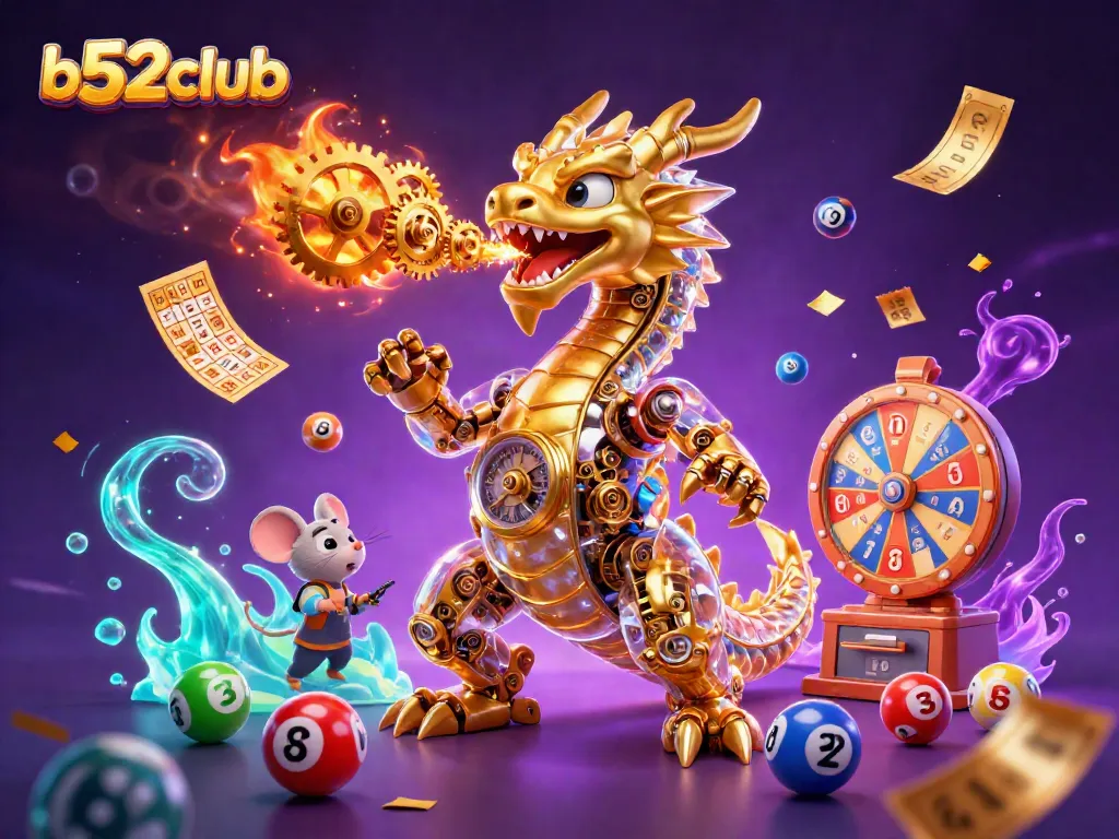 Engage with b52club's dynamic world of thrilling games featuring a golden dragon and vibrant lottery elements.