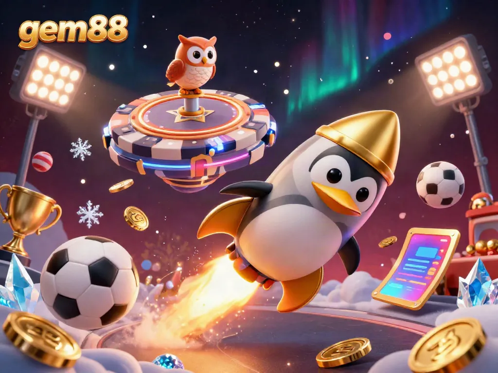 Experience the gem88 thrill with a golden penguin soaring to a vibrant casino in space, surrounded by sports elements and coins.