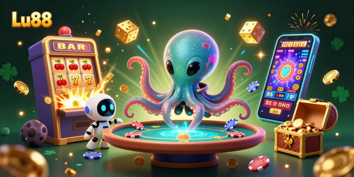 Engage with Lu88’s thrilling casino games featuring an energetic alien octopus at a holographic poker table.