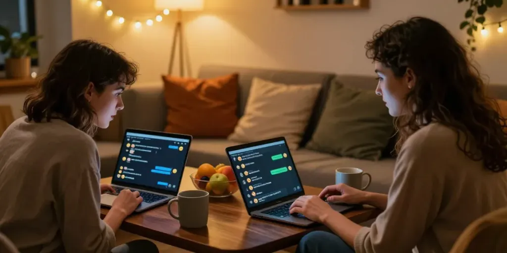 Intimate and cozy scene of a couple enjoying a spicy chat over coffee in a warm lounge.