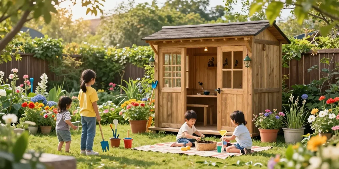 Harmonisches Gartenhaus umgeben von Blumen und einer Familie beim Gartenarbeiten.