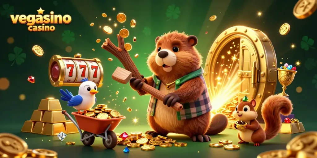 Vigasino casino features a dynamic scene with cartoon characters celebrating wins and abundant treasures.