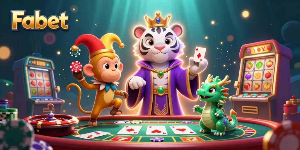 Engage with Fabet's exciting games featuring a majestic tiger, playful monkey, and dynamic casino elements.