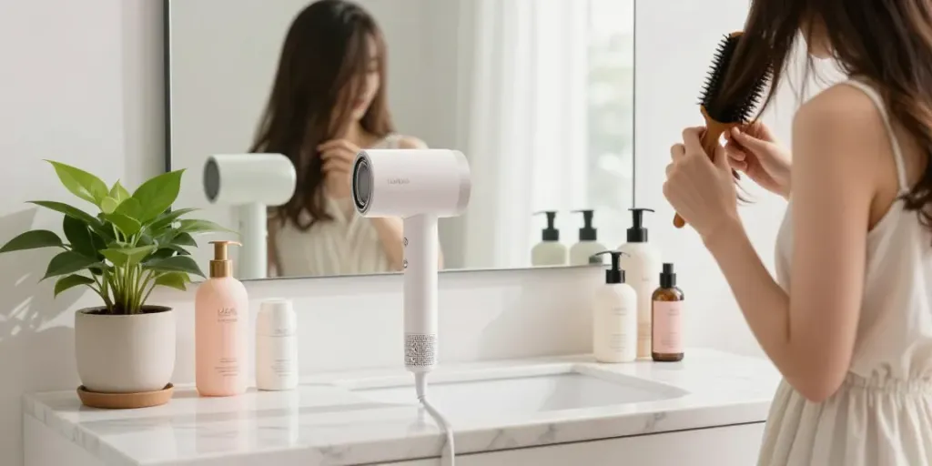 Laifen Föhn auf marmoriertem Waschbecken mit Pflegeprodukten und schöner Frisur.