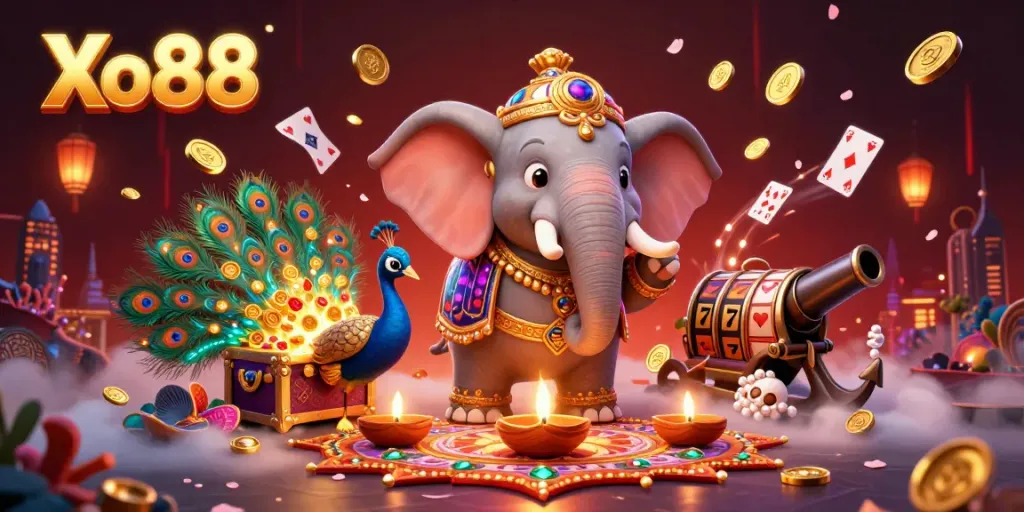 Xo88 offers an immersive casino experience with vibrant colors, slot elements, and festive characters.