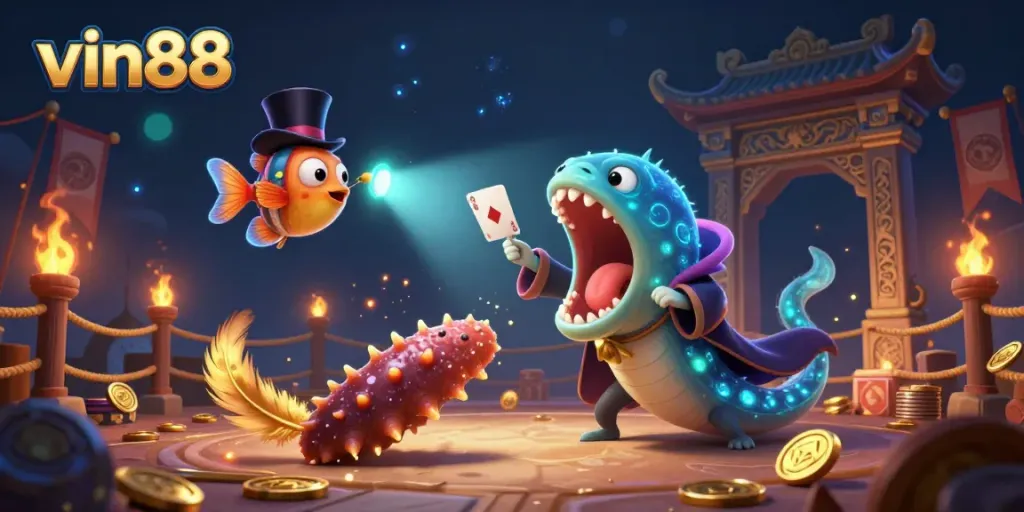 Experience thrilling magic moments at vin88 with a bioluminescent eel and an anglerfish performing epic tricks.