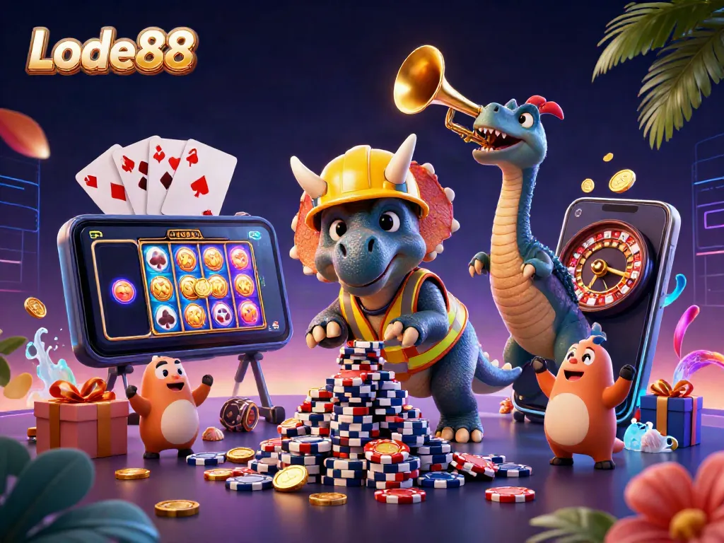 Experience Lode88 with a vibrant 3D celebration of gaming, featuring joyful dinosaur characters and casino elements.