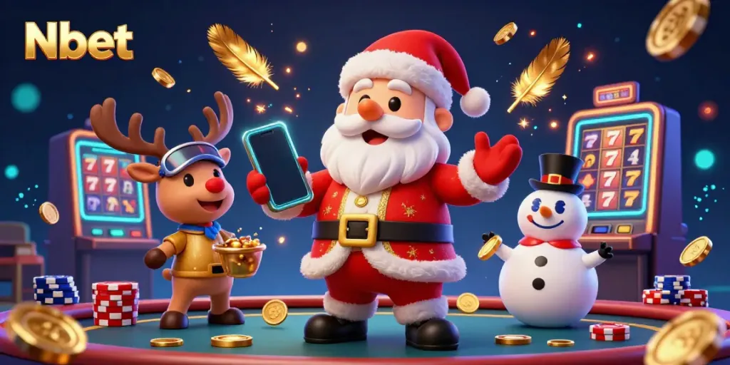 Nbet brings the thrill of online casinos with Santa celebrating jackpots surrounded by slots and gold coins.