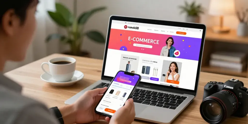 Engaging online shopping experience with rokok88 products showcased on various devices in a cozy workspace