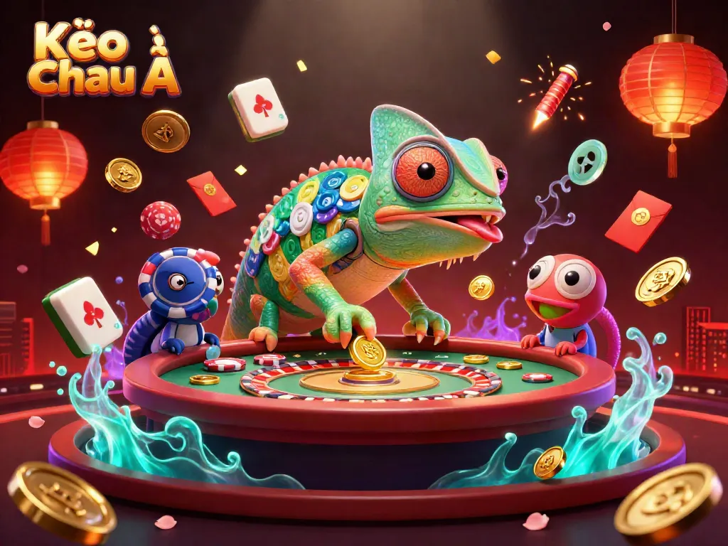 Engage with Kèo Châu Á through a vibrant 3D casino scene featuring colorful elements and dynamic characters.