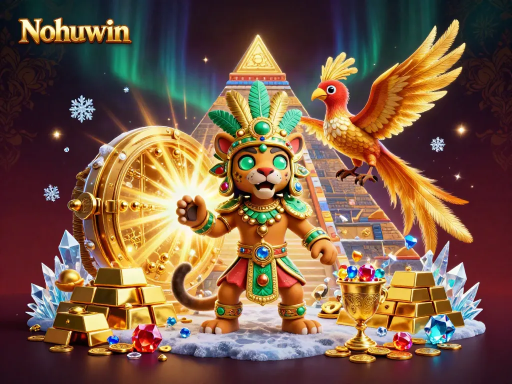 Experience the excitement of Nohuwin with a vivid 3D illustration of a Mayan priest, golden treasures, and vibrant gems.