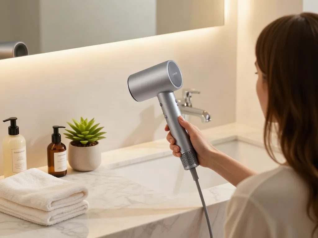 Laifen föhn im eleganten Badezimmer mit stilvollen Haarpflegeprodukten und warmem Licht