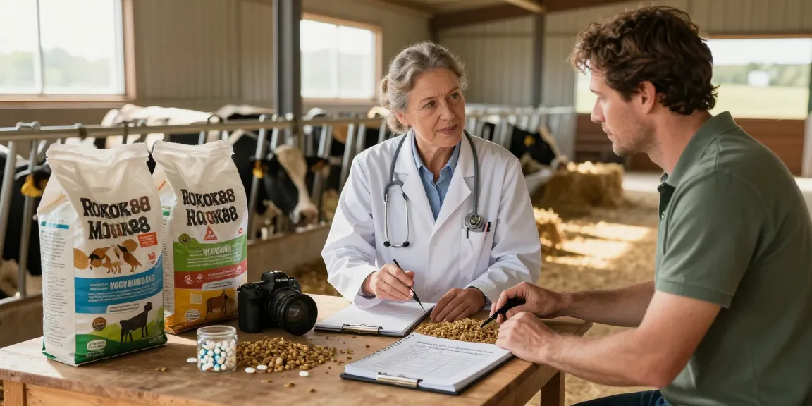 ROKOK88 expert discussing animal nutrition with a farmer in a sunny barn.