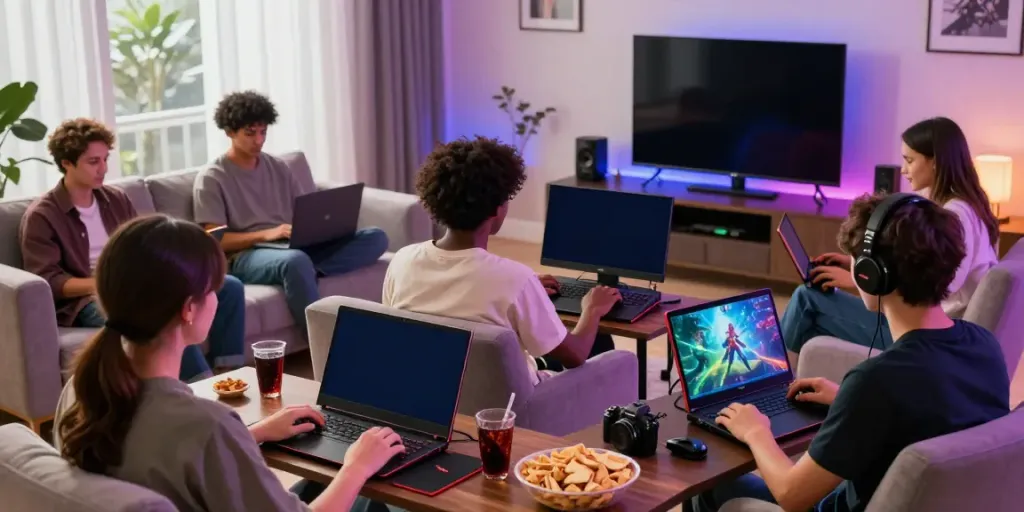 Engaged players exploring the diverse gaming options on rokok88 across various devices in a cozy setting.