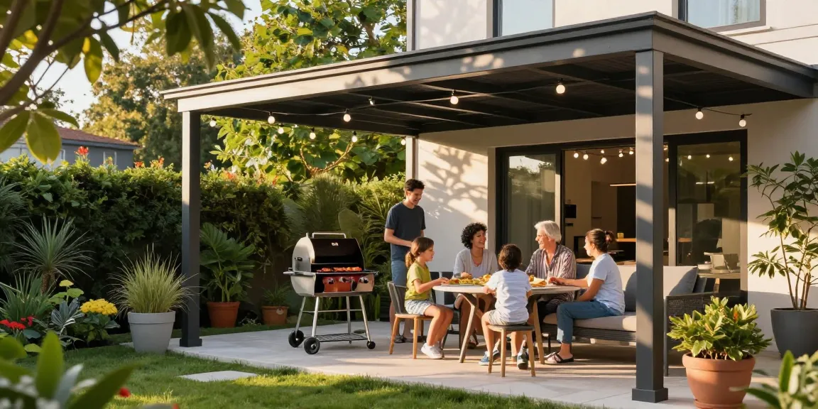 Moderne Terrassenüberdachung schützt die Familie beim Grillen im Garten.